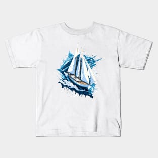 Old sailing boat sailing the sea. Waves and blue tones Kids T-Shirt